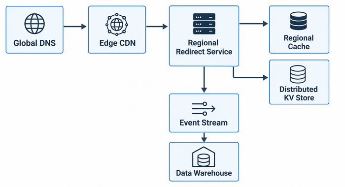 Global URL shortener architecture with global DNS, edge routing, regional redirect services, distributed storage, and event processing.