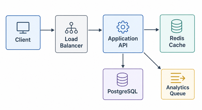 Initial URL shortener architecture with a load balancer, application API, Redis cache, PostgreSQL, and analytics queue.